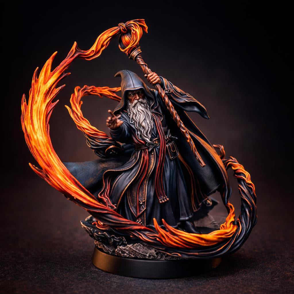 Hand-painted wizard miniature, conjuring fire, from the House of Tabletop catalog